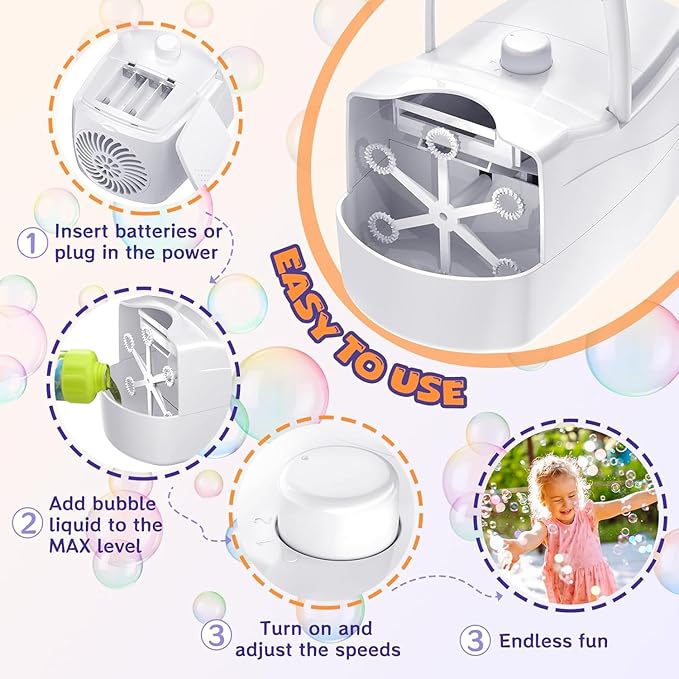 Bubble Machine, Automatic Bubble Blower for Kids, 18000+ Bubbles Per Minute with 2 Speed Settings, Battery/USB Powered Bubble Maker for Toddlers, Outdoor Birthday Parties, Weddings (White)