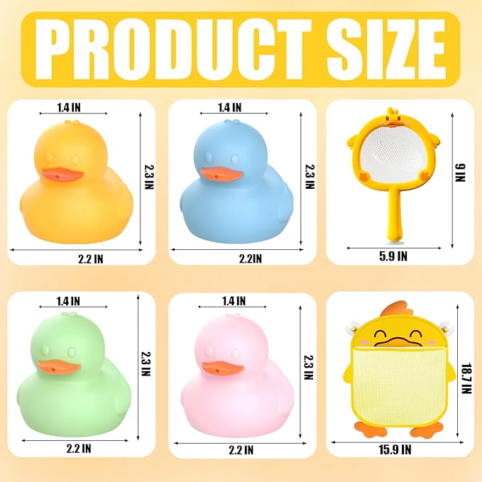 6Pcs Mold-Free Bath Toy Silicone Duck Set for Toddlers 1-3 Years and Babies 6-12 Months, Dishwasher Safe, with Duck Fishing Net and Storage Bag