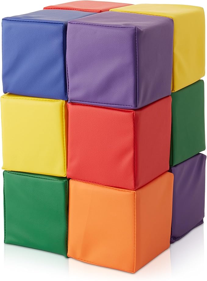 Casafield Toddler Foam Building Blocks (12-Piece Set), 5.5" x 5.5" Soft Play Colorful Kids Stacking Cubes for Daycare, Nursery, Preschool
