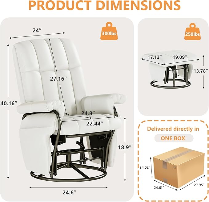 JIASTING 360° Swivel Leather Recliner Chair with Ottoman & Double Side Pockets, Nursing Glider Rocking Recliner Chair, Gliding Chairs for Nursery, Living Room, Office, Bedroom, Metal Frame (White)