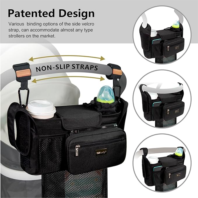 TOPDesign Universal Baby Stroller Organizer, Stroller Caddy with Detachable Mesh Bag & Heightened Insulated Cup Holders & Non-Slip Secure Hooks Accessories, Fits Most Strollers (Purple)