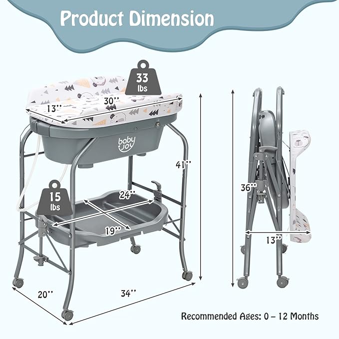 BABY JOY Baby Bathtub with Changing Table, Foldable Infant Diaper Changing Station with Storage Tray, Waterproof Pad, Portable Newborn Nursery Organizer Bath Stand with 4 Universal Wheels (Gray)