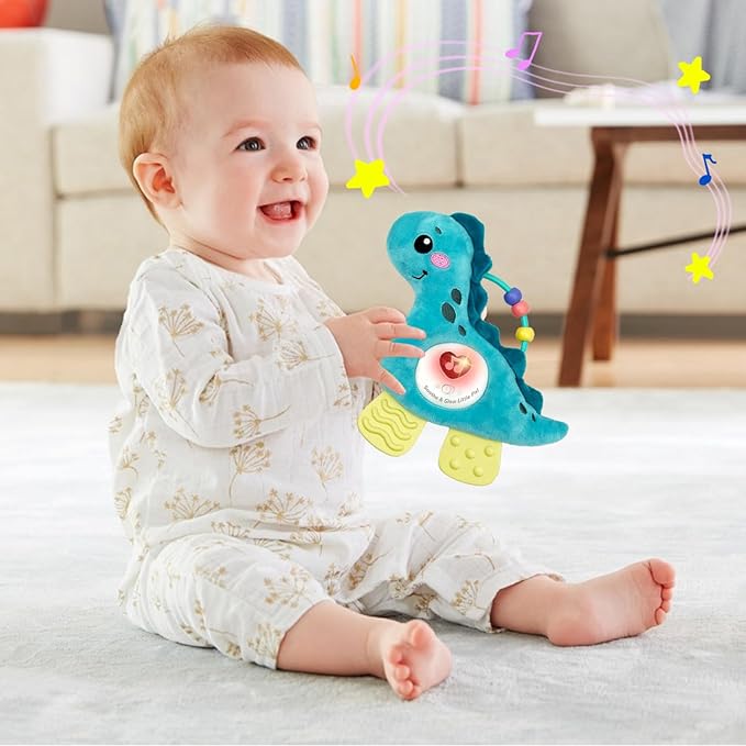 Baby Musical Activity Soft Toys with Sound & Light, Sensory Toys for Infant Developmental with Teether, Rattle and Textures, Soft Plush Toy for Newborn Gift 6 to 12 Months (Blue Dinosaur)