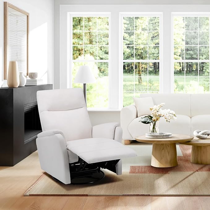 COLAMY Swivel Recliner Chair with Footrest, Rocker Glider Chair High Back with Double-Layer Cushion, Rocker Recliner for Nursery & Living Room, Bedroom, White
