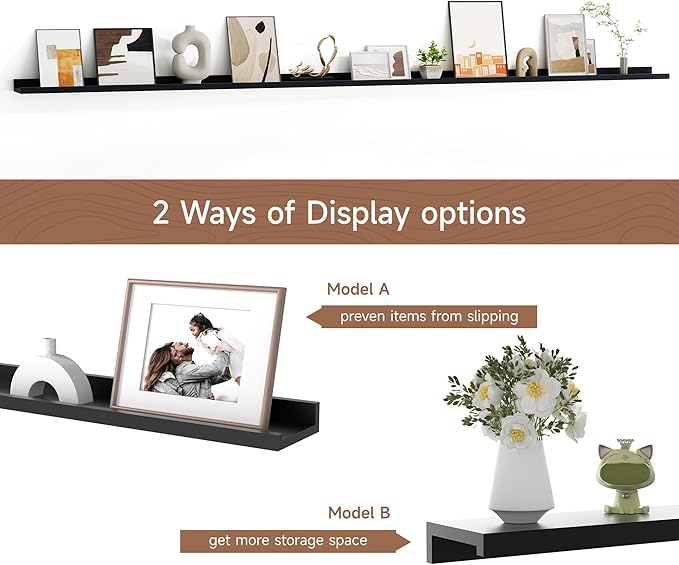 Floating Picture Ledge Shelves for Wall Set of 2, 95 Inches Picture Ledge Shelf with Long Large Nursery Book Shelf for Toys Storage Kids Bookshelf Wall Mounted Living Room Bedroom Decor Frames, Black