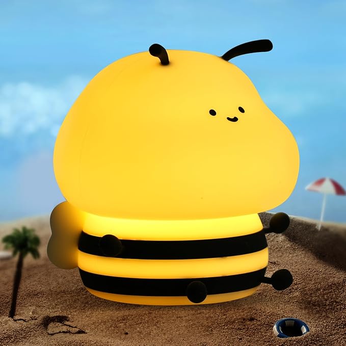 Bee Night Light for Kids,Cute Squishy Silicone Nursery Night Lamp Kawaii Animal Bedside Nightlight with 7 Colors 3 Levels Dimmable Tap Control Rechargeable Nightlights for Kids, Room Decor