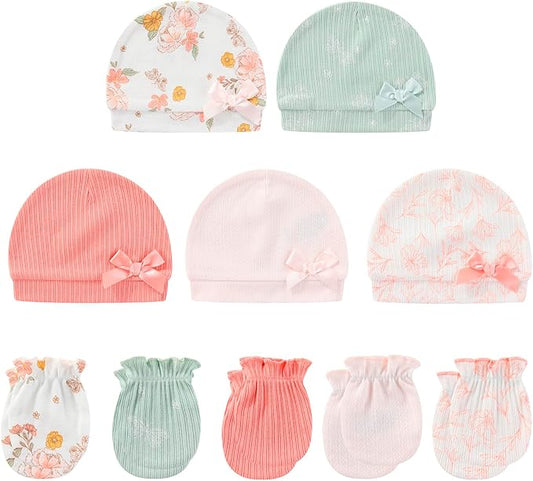 Baby Hat and Mittens Set Cotton Newborn Baby Hats Caps for Boys and Girls, 0-6 Months