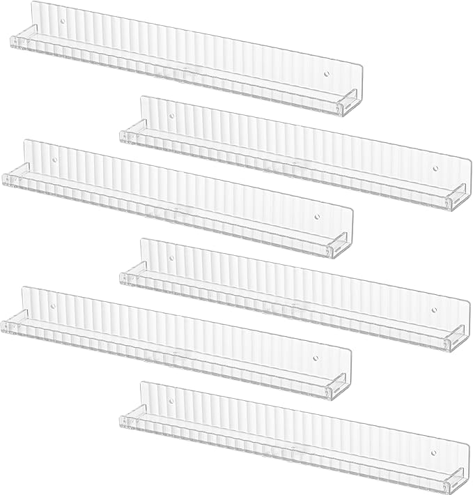 IEEK 6 PCS Acrylic Floating Bookshelf for Kids Room,15 Inch Modern Picture Ledge Display Shelf with Detachable Baffle,Nail Polish Rack Vertical Striped Wall Shelves for Wall Decor and Storage,Clear
