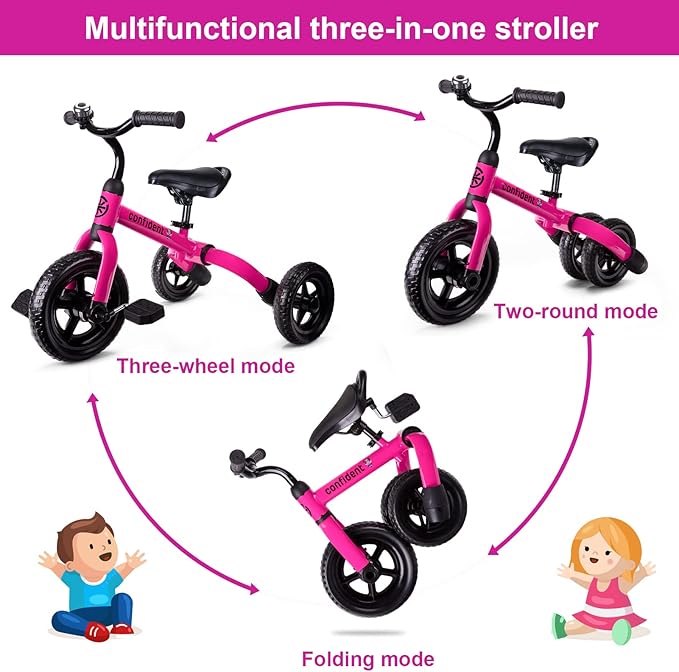 Ancaixin 3 in 1 Toddler Tricycles for 2-5 Years Old Girls and Boys with Adjustable Seat Detachable Pedal and Bell | Foldable Baby Balance Bike Riding Toys | Kids Birthday Christmas New Year Gift Pink