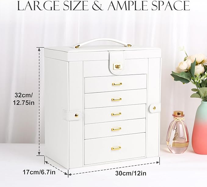 Kendal Extra Large Jewelry Box Jewelry Case PU Leather 6 Tier 5 Drawers Large Storage Capacity with Mirror Jewelry Storage Organizer Great Gift Also Good For Watches LJC-SHD5CM(White)