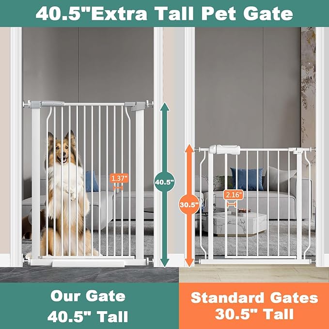 40.5" Extra Tall Baby Gate for Stairs No Drill, 29.6"-32.5" Narrow Wide Dog Gate Indoor, Pressure Mounted Safety Child Gate, Cat Doggie Pet Gate for House Doorways Walk Through, White