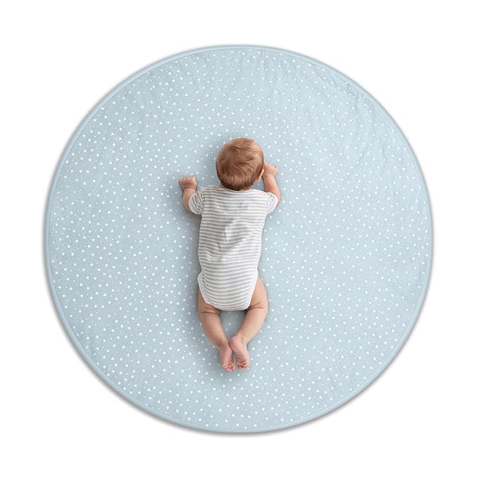 Byrd & Blume Round Baby Play Mat, Organic Cotton Soft Padded Nursery Floor Mat, Safe Hypoallergenic Baby Mat, Reversible, Foldable, Portable Infant Tummy Time Mat Fits Tents & Playpens (40"x40") Blue