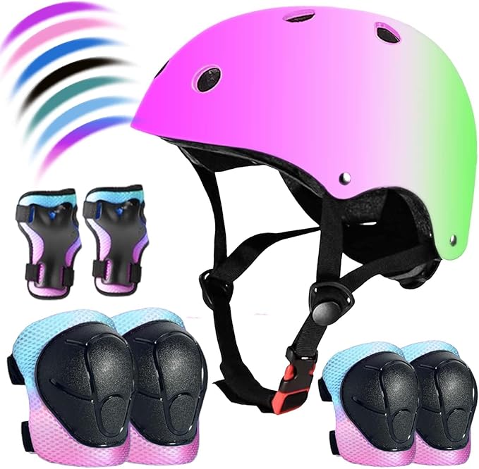Kids Bike Helmet Set Adjustable for Children, Boys, Girls and Teenagers Aged 3-8 Years Includes Elbow, Knee, Wrist Guards Children's Helmet Protection Set for Bikes SkateboardsRollerskates
