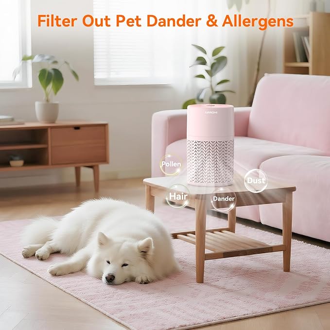 AIRROMI Pets Air Purifier for Home Allergies,Up to 660 ft².Yellow Deodorizing Activated Carbon Filter,With Fragrance Sponge for Better Sleep,Night Light,Pet Dander,Smoke,Odors,Air Cleaner A2002 Pink