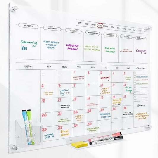 Acrylic Calendar for Wall - 24x18” Wall Calendar, Dry Erase Calender, Clear Calendar for Wall, Includes Magnetic Pen, Tray Holders, 4 Markers and 1 Eraser