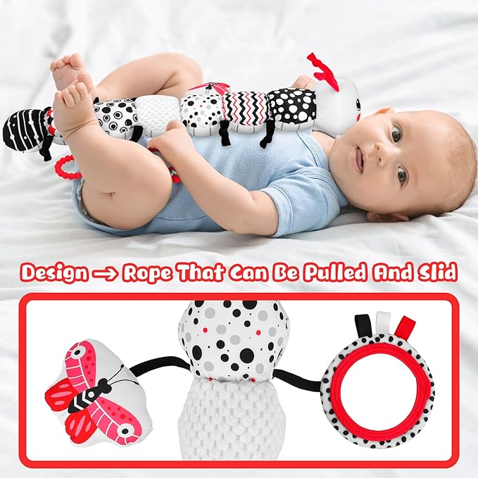 Baby Toys 0-12 Months - Musical Caterpillar Stuffed Animal Soft Plush Toys for Infant Girls Boys 3 6 12 Months Tummy Time Sensory High Contrast Black White Newborn Toys Gifts, W/ Mirror Rattle