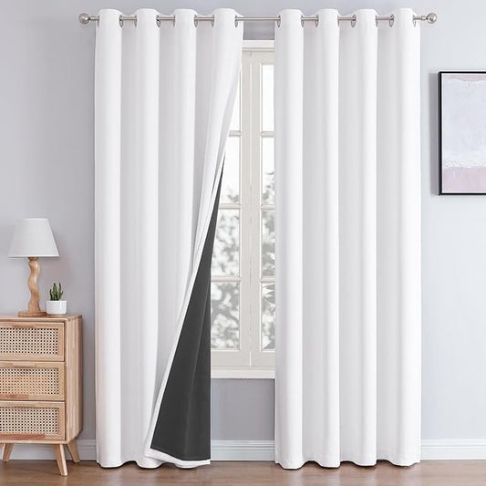 ChrisDowa White 100% Blackout Curtains 80 inch Long for Bedroom with Black Liner, 2 Thick Layers Total Blackout Thermal Insulated Grommet Window Curtains 2 Panels Set (Pure White, 52 x 80 Inch)