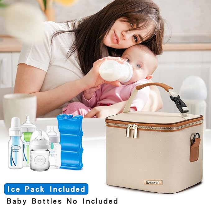 Breastmilk Cooler Bag with Ice Pack Fits 6 Baby Bottles Up to 5 Ounce, Baby Bottle Bag with Shoulder Strap for Nursing Mom Daycare, Cream
