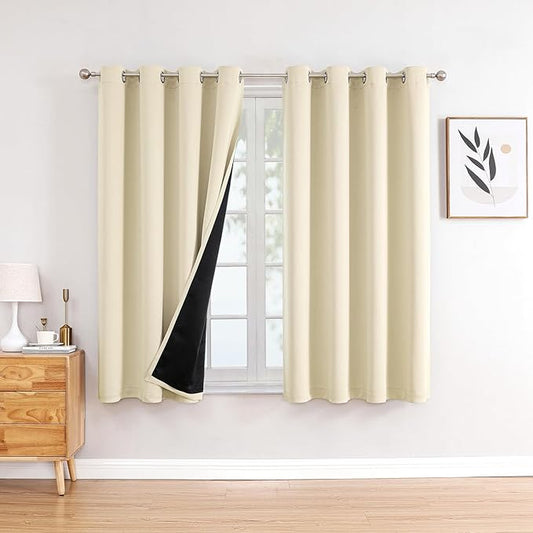 ChrisDowa 100% Blackout Curtains 54 inch Long for Bedroom with Black Liner, 2 Thick Layers Total Blackout Thermal Insulated Grommet Window Curtains 2 Panels Set (Light Beige, 52 x 54 Inch)