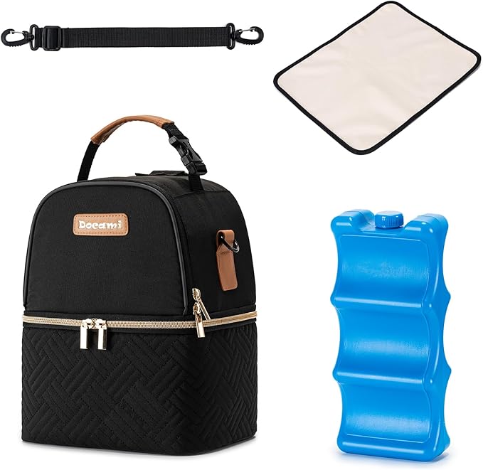 Breastmilk Cooler Bag with Ice Pack & Mat Fit 6 Bottles Up to 9 Ounce, Baby Bottle Cooler Bag for Moms, Daycare & Travel, Black