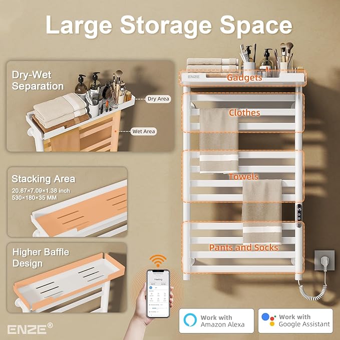 ENZE Heated Towel Rack with Shelf and Wi-Fi App Control, 11 Bars Electric Wall Mounted Towel Warmer with Timer & Adjustable Temperature, Low Carbon Steel, Plug-in/Hardwired, White