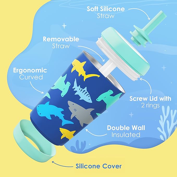 Kid Insulated Stainless Steel Tumbler with Silicone Straw, 12oz Sippy Cup for Kids (Sharks)