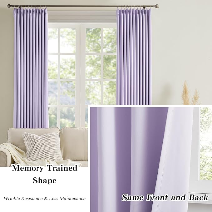 KEQIAOSUOCAI Light Purple Pinch Pleated Lilac Curtains Blackout 84 Inch Long, Thermal Insulated Darkening Drapes for Kids Nursery Bedroom Living Room Window Panels with Hooks 40 x 84 Inch