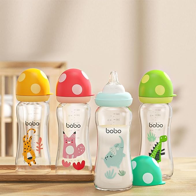 YOHKOH Natural Glass Baby Bottle with Natural Response Nipple, Newborn Anti-Colic Baby Bottles, Wide Neck Mushroom Cap Baby Bottle, Clear (8.8ounce (Pack of 4), Multicolour2)