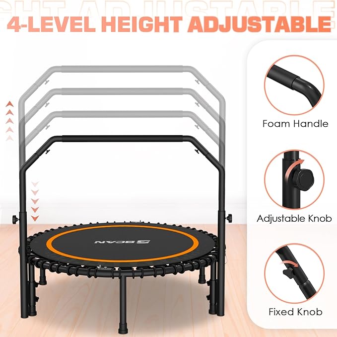 BCAN 40"/48" Mini Rebounder Trampoline for Adults with Bar, 450/550LBS Fitness Trampoline with Bungees, Adjustable Handle, Stable & Quiet, Indoor Outdoor, Whole-Body Workout & Relaxation at Home