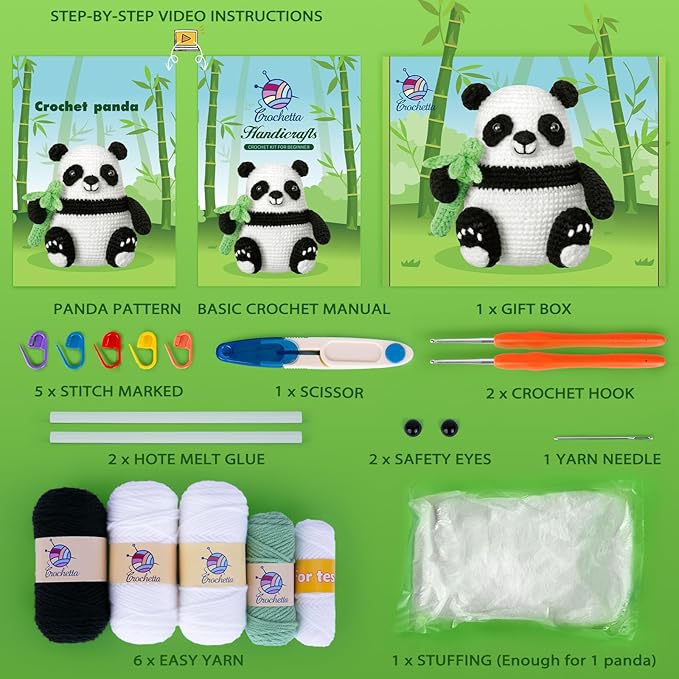 Crochetta Crochet Kit for Beginners, Crochet Kit w Step-by-Step Video Tutorials, Crochet Starter Kit Learn to Crochet Kits for Adults Kids Beginners, Crochet Kit Panda (40%+ Yarn Content)