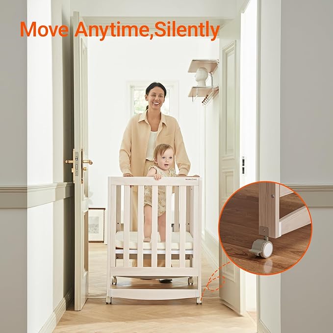 EvoNest Baby Crib, 11 in 1 Convertible Mini Crib with Wheels, 100% New Zealand Wood Growing Bed, 4 Adjustable Mattress Height,Washed Natural