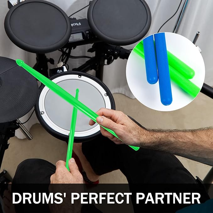 5A Nylon Drumsticks for Kids Adults: Light Durable Drum Sticks Blue Green with Anti-Slip Handles for Electronic Drums Exercise Percussion Accessories (2 Pairs)