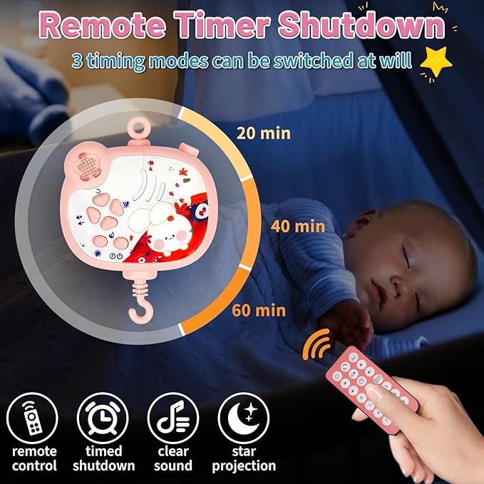 Baby Mobiles for Cribs, Crib Mobile with Music and Lights, Nursery Musical Mobile for Bassinets Hanging Toys with Remote Control, Rotation, Projection, Animal Mobile Arm Clip On for Infant Boys Girls