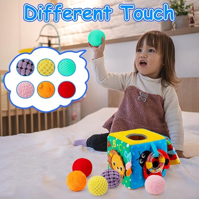 beetoy Sensory Busy Cube for Baby, Montessori Infant Toys with Textured Sensory Balls, Early Learning Travel Toys for Fine Motor Skills, Perfect Newborn Boy and Girl Gift