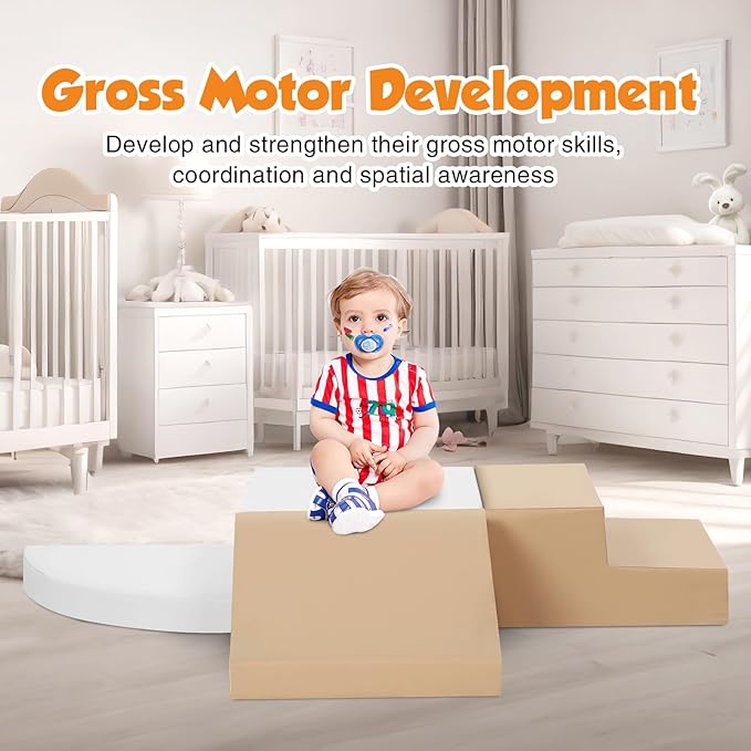 4-Piece Soft PU Leather Toddlers Climbing Toys, Baby Foam Climbing Blocks for Toddlers 3, Foam Play Gym Climbing Structures, Indoor Climb and Crawl Activity Play Set (White and Coffee)