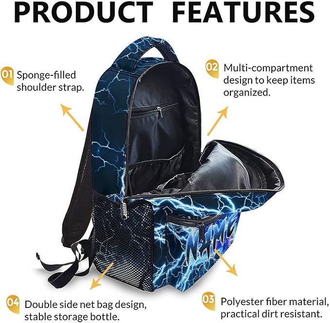 Boys School Backpack, Personalized Football Backpacks for Kids Kindergarten Senior Middle, 17 Inch Lightweight Lightning Bookbag with Custom Name, Cool Back to School Gift