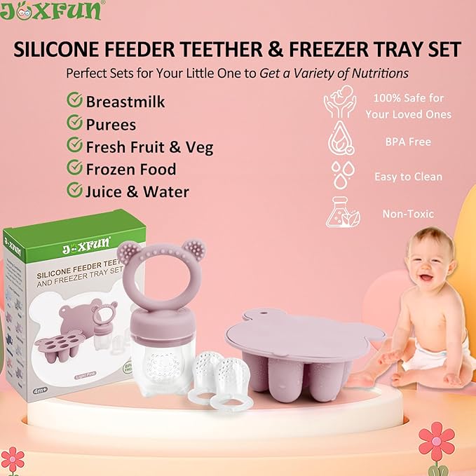 JEXFUN Silicone Breastmilk Popsicle Freezer Molds & Baby Fruit Food Feeder Pacifier, Baby Food Storage Containers Breast Milk Ice Cubes for Baby Teething & Infant Self Feeding, BPA Free - (Light Pink)