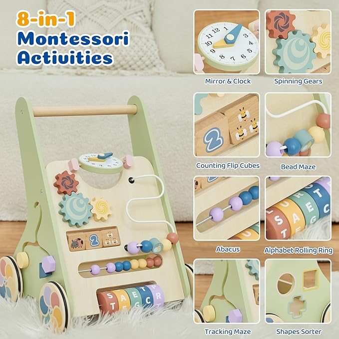 Baby Push Walker for Baby Boy 6-12 Months, Wooden Baby Walker Push Toy, Learning to Walk, Baby Walkers for Girls, Montessori Walker Toy with Wheels