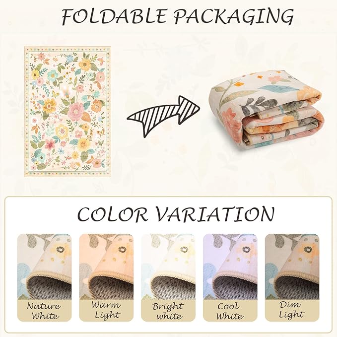 Floral 6x9 Area Rug Machine Washable Soft Print Boho Carpet Non Slip Doormat Low Pile Flower Area Rugs for Living Room Bedroom Nursery Kitchen Dining Room Indoor-Beige/White/Orange