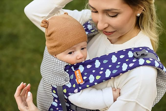 Beco Gemini Baby Carrier from Newborn to Toddler - Certified Ergonomic Newborn Baby Carrier for Infants and Children of 7-35 lbs - M Shape, Adjustable Seat, Breathable 3D Mesh (Cool Rain Drops)