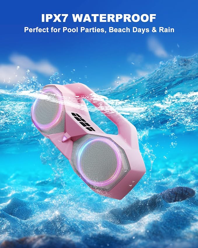 Bluetooth Speaker 80W(Peak)Loud with Bass, 20H Playtime, IPX7 Waterproof, RGB Lights, TWS, Large Portable Wireless Speakers for Outdoor, Home, Party, Pool, Beach, Tailgating, Gym, Work, Gifts (Pink)