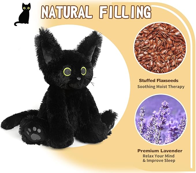 Cuckool Black Cat Stuffed Animals, Microwavable Stuffed Animals Heating Pad for Cramps, Pain Stress Relief, Heatable & Coolable Lavender Scented Cat Plush Toys for Anxiety, Women & Kids Bedtime