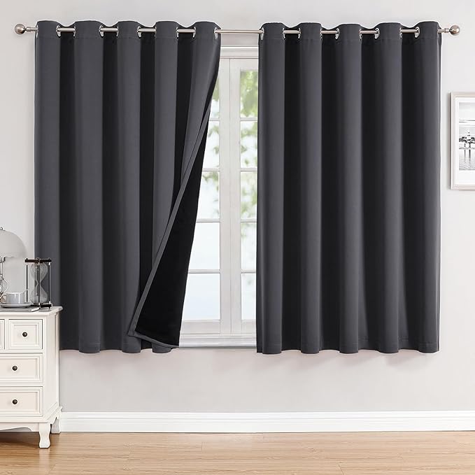 ChrisDowa 100% Blackout Curtains 63 inch Long for Bedroom with Black Liner, Extra Wide 2 Thick Layers Total Blackout Thermal Insulated Grommet Window Curtains 2 Panels Set (Dark Grey, 60 x 63 Inch)
