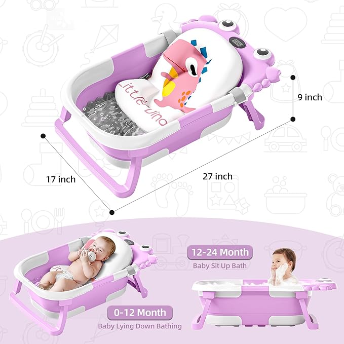 Collapsible Baby Bathtub for Infants to Toddler with Real-time Temp Monitor+Floating Cushion,Foldable Baby Bath Tub Set Applicable 0-36 Month,Portable Travel Bathtub for Newborns Girl (Purple)