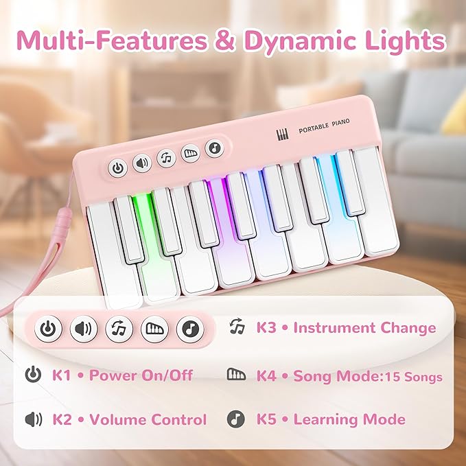 iPlay, iLearn Kids Mini Piano Toy W/Rainbow Lights, Portable Travel Piano Keyboard Toddlers Musical Instrument Learning Toys, Music Interactive Birthday Gift for 2 3 4 5 6 Year Old Girls Children