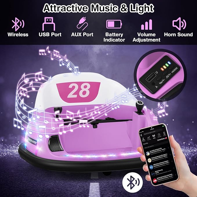 GLACER 12V Bumper Car, Electric Kids Bumper Car w/Parental Remote, 3-Speed, 360°Spin, Music, LED Light, Battery Ride on Bumper Car w/Dual Joysticks, Baby Bumper Car for Toddlers 18 Months+ (Pink)