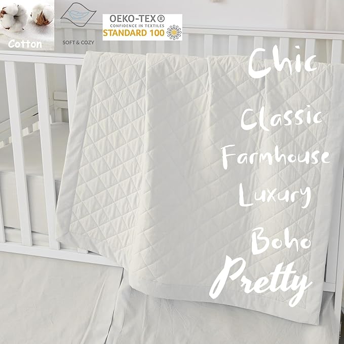 Brandream White Crib Bedding Set 6 Pieces Baby Nursery Collection with 2 packs Window Valance,Quilt,Crib Sheet,Dust Ruffle-100% Washed Cotton Like Linen Supersoft Classic Quilted Plaid Off White Cream