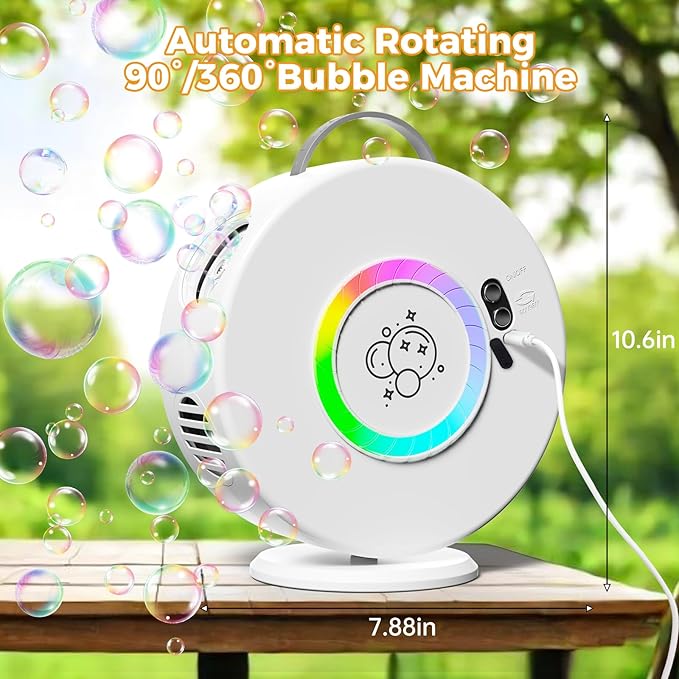 Bubble Machine Automatic LED Lights Bubble Blower for Kids Rechargeable Portable Bubble Maker Auto Rotating 90°/360° Outdoor Birthday Party Wedding (Led White)