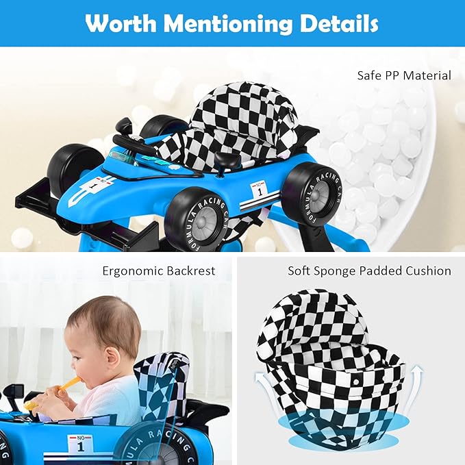 HONEY JOY 4-in-1 Baby Walker, Activity Push Walker w/3 Adjustable Heights, Smooth Wheels w/Adjustable Speed, Padded Seat, Music & Light, Foldable Car Walker for Baby Boys Girls Age 6 Months+ (Blue)