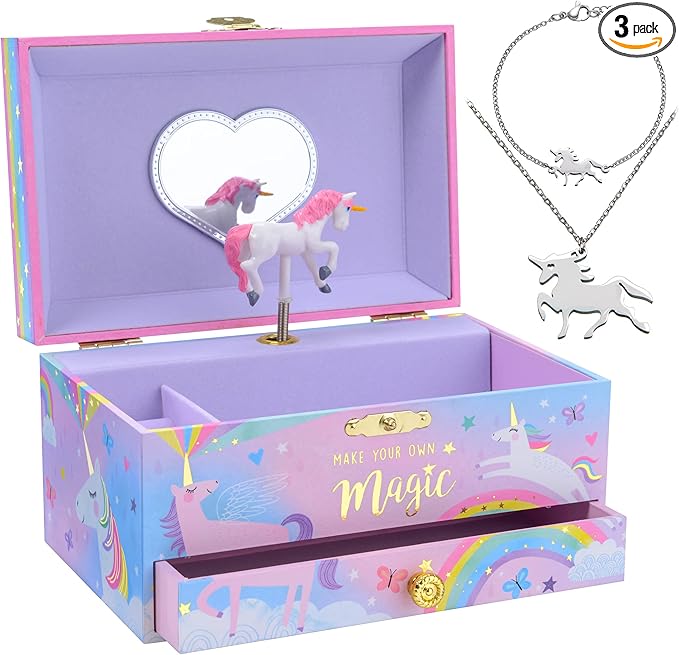 Jewelkeeper Unicorn Musical Jewelry Box for Little Girls - Kids Jewelry Box with Pullout Drawer - Music Jewellery Box with Necklace and Bracelet - Gift Set for Kids - Children's Jewellery Storage Case